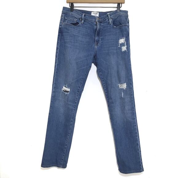 Frame | 34x30 L'Homme Straight Distressed Jeans in Brooks Medium Blue - Picture 1 of 9